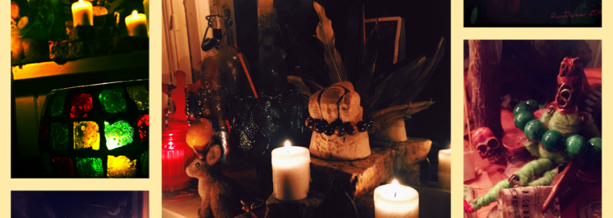 This is a series of pagan altar images that include candles, chalices, deities, and other items made for ritual. The altar is a living item as part of our practice. The altar is used during all the times of the year and often will change based on the season. Many witches use their altar to do spells, but it is also a space used for more than this. This image shows a collage of many stages that might be present for a typical altar used to practice witchcraft of magick.